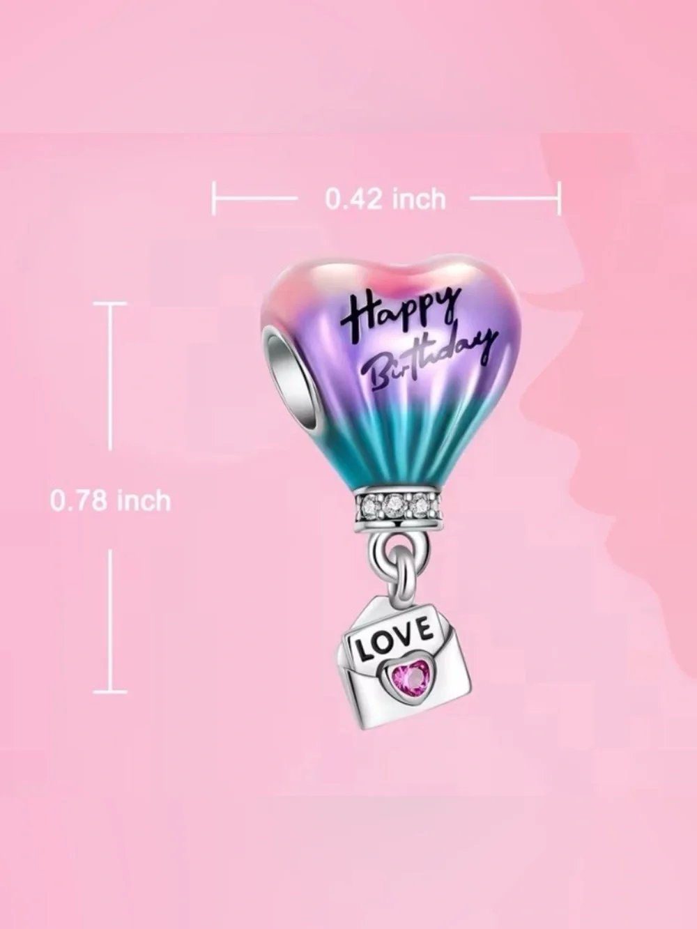 Sterling Silver Happy Birthday Hot Air Balloon Dangle Charm-NEW